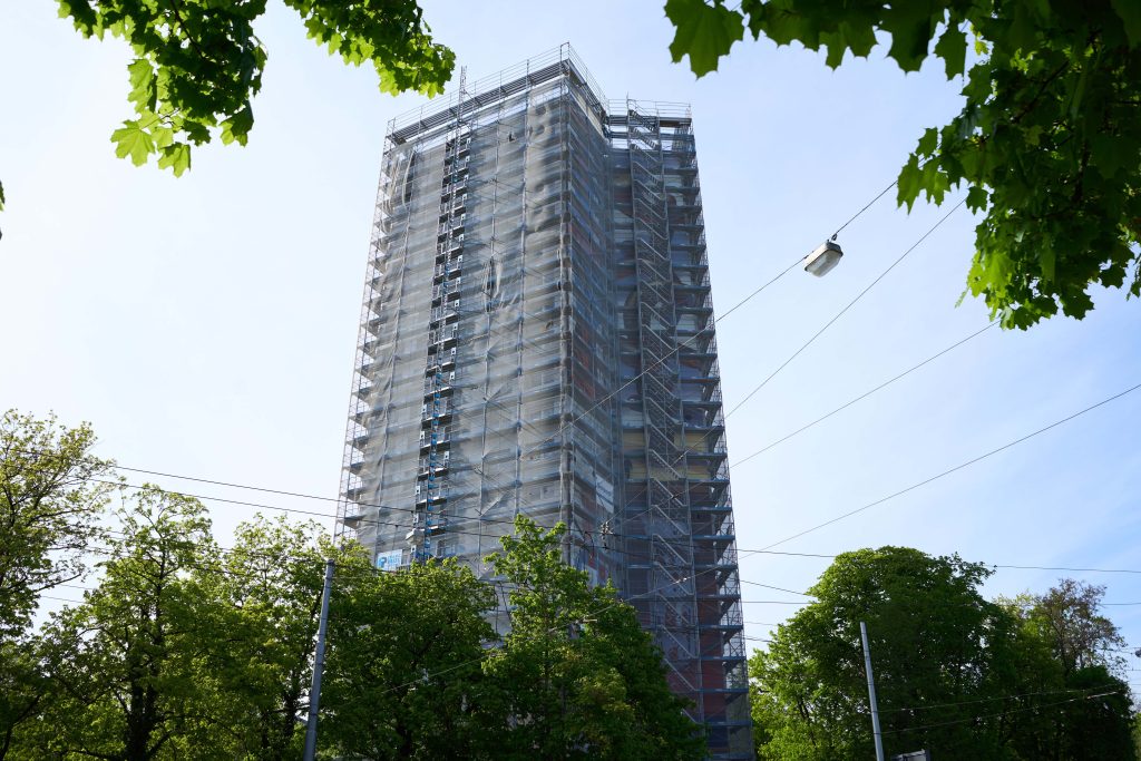 Building Mural in Augsburg with scaffolding work in progress